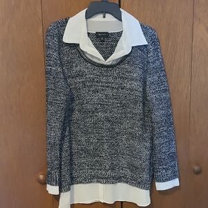 AB Studio Womens Black Merle Sweater With White Shirt Layered Look SZ XL